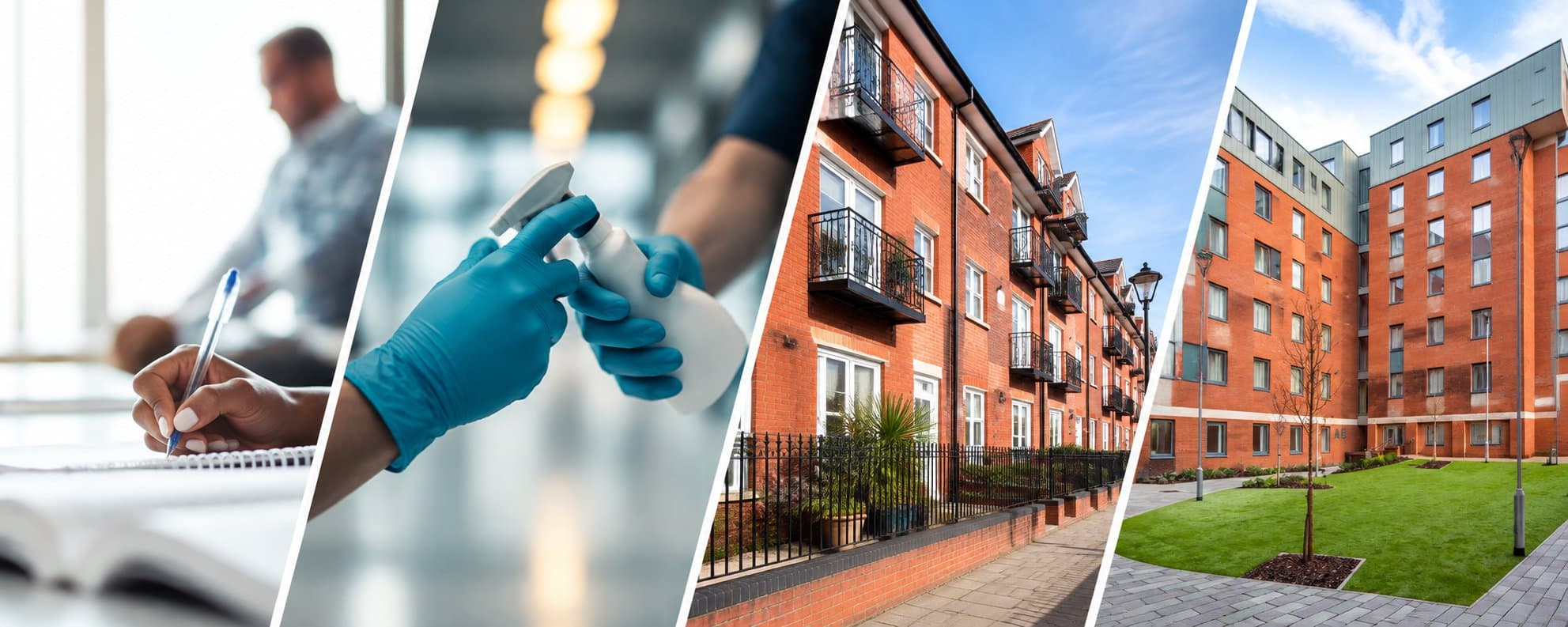 Collage of a team member spraying a surface in blue gloves, a person writing notes, and modern brick-built residential and student accommodation buildings